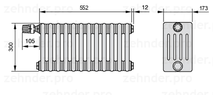Схема (чертеж) Радиатор Zehnder Charleston 5030/12 №V012 Белый глянцевый RAL 9016